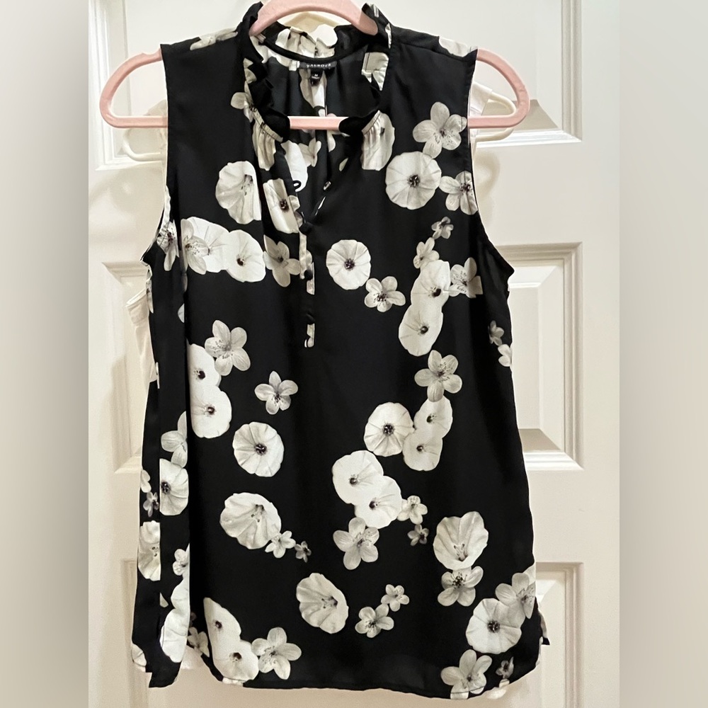 Talbots Popover Blouse Ruffle Neck Sizes M Black Floral Sheer